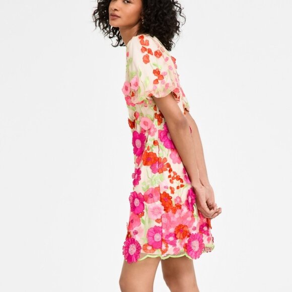 Eliza J Embroidered Floral Puff-Sleeve Shift Dress – Pink – NWT Size 4 - Picture 2 of 5